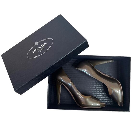 Prada Womens Pantent Leather Napa Silk Sasso Brown Peep Toe Heels With Box 38.5 - Picture 13 of 16